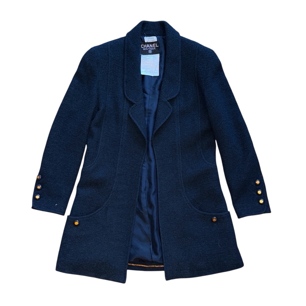 Vintage 1994 CHANEL Black Boucle mini skirt suit with open front jacket sz 34